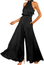 Load image into Gallery viewer, Satin Black Halter Tied Sleeveless Wide Leg Jumpsuit