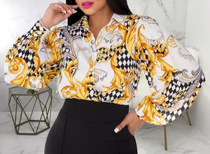 Plus Size Luxury Black/Gold Satin Silk Button Down Long Sleeve Blouse