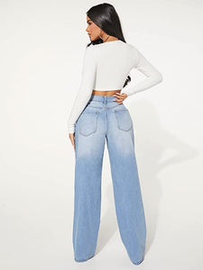 Cute Denim Blue Ripped Wide Leg Denim Pants