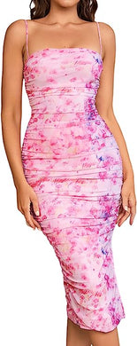 Floral Pink Sleeveless Ruched Midi Dress