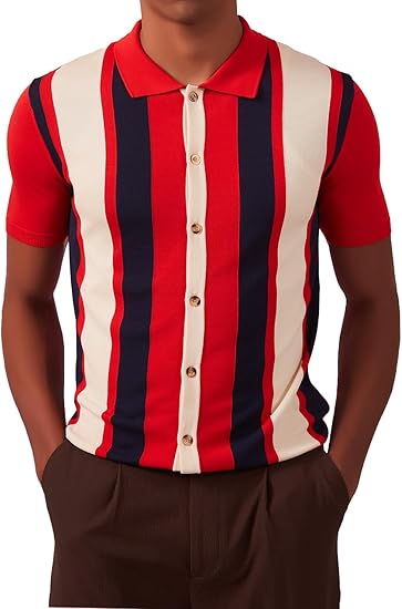 Men's Golf Style Striped Short Sleeve Red Shirt