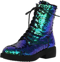 Load image into Gallery viewer, Lace Up Glitter Sequin Green Combat Boots