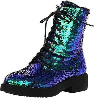Lace Up Glitter Sequin Green Combat Boots