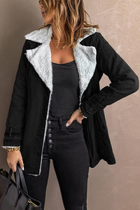 Lapel Sherpa Fleece Lined Long Sleeve Black Button Jacket