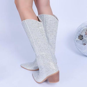 Stylish Sequin Glitter Silver Cowboy Boots