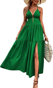 Summer Green Ruffle Halter Maxi Dress