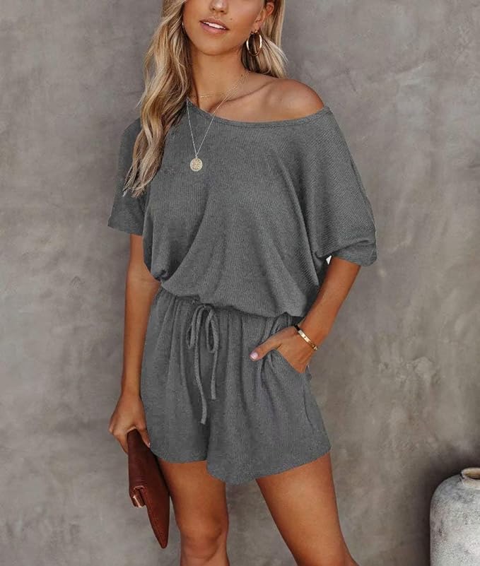 Soft Dark Grey Knit Off Shoulder Shorts Romper