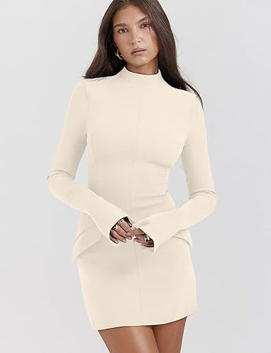 Bell Sleeve Short Mini Beige Dress