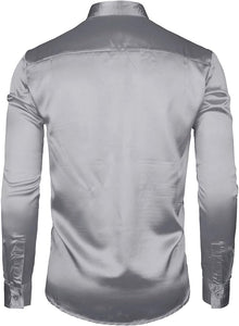 Men's Disco Silver Sequins Long Sleeve Button Down Shirt