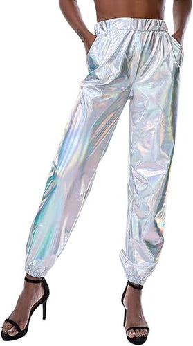 Metallic Silver Elastic Jogger Pants