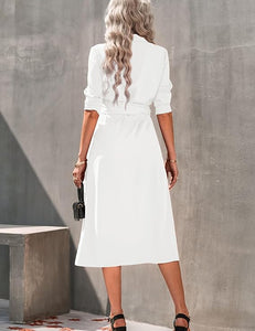 Fall Fashion White Button Down Long Sleeve Belted Dress
