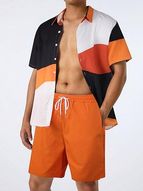 Men's Orange/Black Geometric Short Sleeve Shirt & Shorts Set