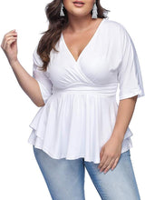 Load image into Gallery viewer, Plus Size Black V Neck Peplum Wrap Kimono Blouse