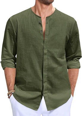 Men's Army Green Cotton Linen Button Down Casual Shirt