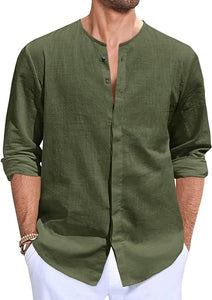 Men's Beige Cotton Linen Button Down Casual Shirt