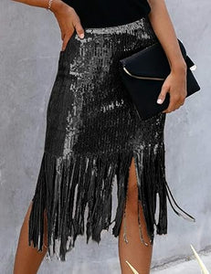 Party Style Fringe Tassel Sequin Midi Skirt