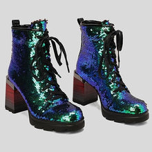 Load image into Gallery viewer, Lace Up Glitter Sequin 9cm-green Combat Boots