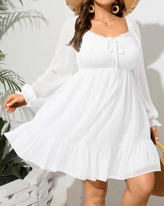 Plus Size White Chiffon Long Sleeve Ruffle Dress