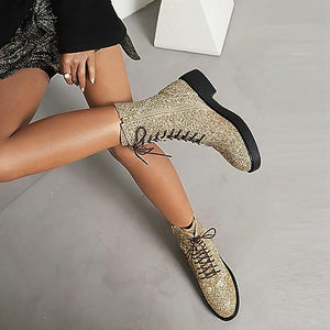 Lace Up Glitter Sequin 4cm-gold Combat Boots