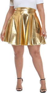 Plus Size Holographic Silver Faux Leather Metallic Pleated Skater Skirt