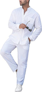 Men's Caribbean White Linen Cotton Shirt & Pants Set