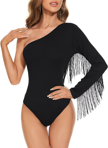 Black One Shoulder Knit Fringe Bodysuit