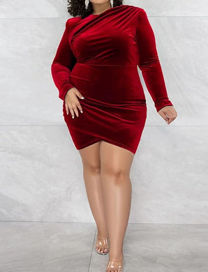 Plus Size Red Velvet Long Sleeve Asymmetrical Mini Dress