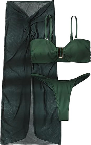 Beautiful Bikini & Cover Up Swimwear Dark Green Set