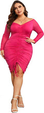 Load image into Gallery viewer, Plus Size Pink Ruched Mesh Long Sleeve Mini Dress
