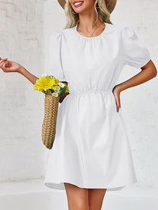 Stylish White Cut Out Puff Sleeve Mini Dress