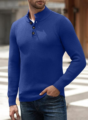 Men's Blue Knit Button Front Long Sleeve Turtleneck Sweater