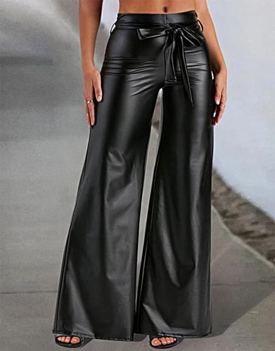 Belted Black Drawstring Faux Leather High Waist Pants