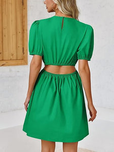 Stylish Green Cut Out Puff Sleeve Mini Dress