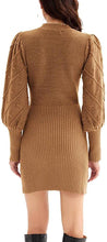 Load image into Gallery viewer, Brown Knit Balloon Sleeve Style Textured Sweater Dress
