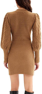 Brown Knit Balloon Sleeve Style Textured Sweater Dress