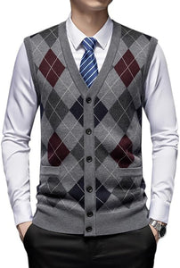 Men's British Style Light Grey V Neck Sleeveless Sweater Vest
