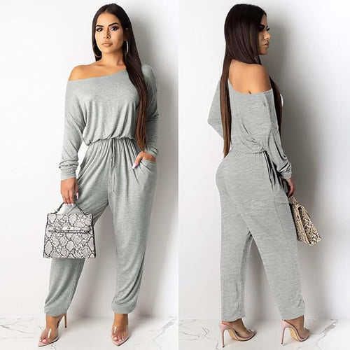 Comfy Knit Grey Off Shoulder Long Sleeve Jumpsuit