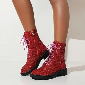 Lace Up Glitter Sequin 4cm-red Combat Boots