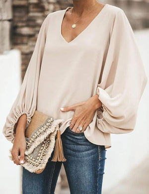 Chic Beige Balloon Sleeve Loose Fit Blouse