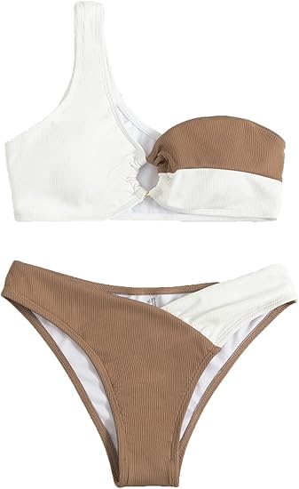 One Shoulder Color Block Bikini Brown Swimsuit