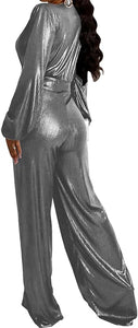 Glamourous Metallic Silver Long Sleeve V Cut Jumpsuit