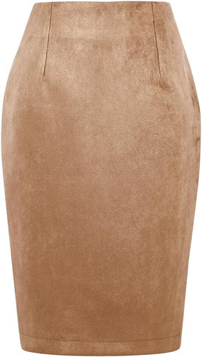 Suede Khaki High Waist Pencil Skirt