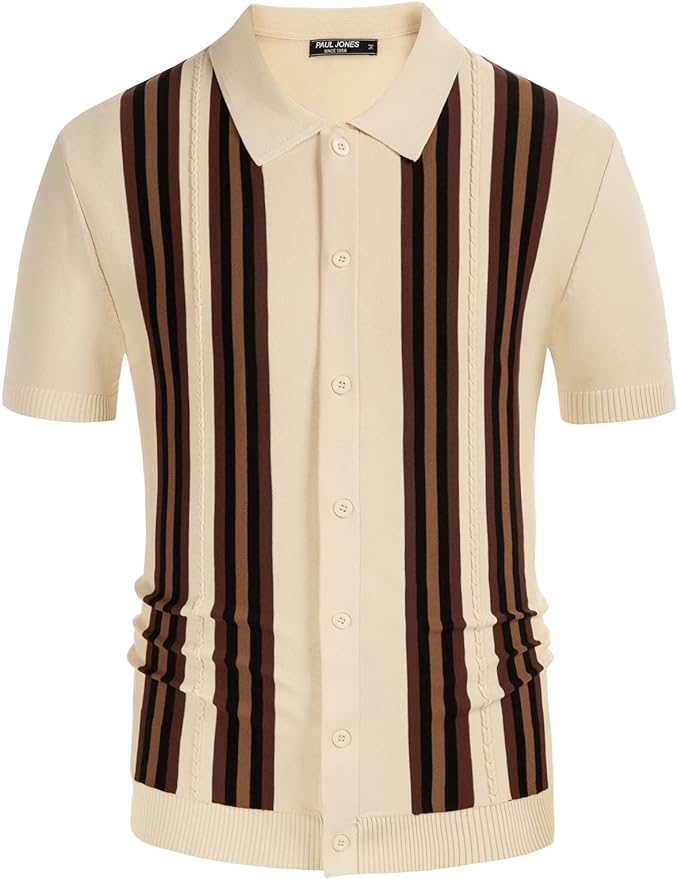 Men's Beige/Brown Knit Golf Style Striped Short Sleeve Shirt