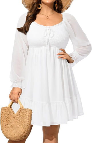 Plus Size White Chiffon Long Sleeve Ruffle Dress