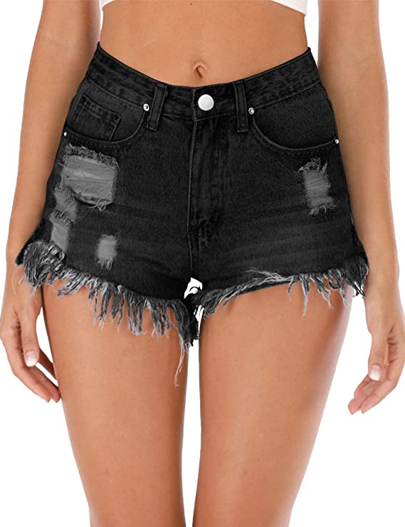 Black Distressed Denim High Waist Shorts