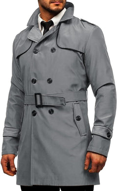 Wall Street Men's Grey Double Breasted Lightweight Belted Trench Coat