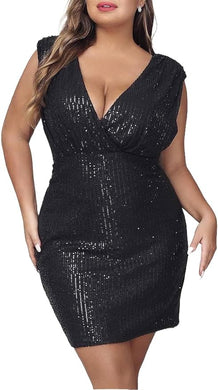 Plus Size Glitter Black Sequin Deep V Mini Dress