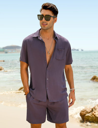 Casual Men's Purple Vacation Style Shirt & Shorts Set