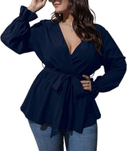 Load image into Gallery viewer, Plus Size Black Long Sleeve Peplum Wrap Top
