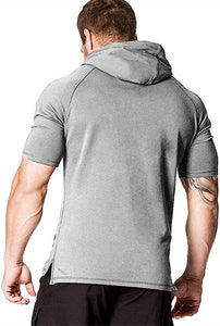 Men's Casual Sports Gray Drawstring Short Sleeve Hoodie